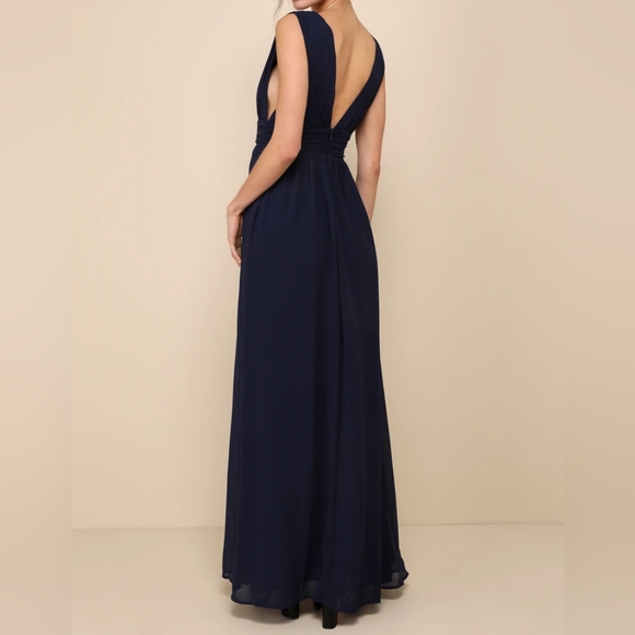Lulu's Heavenly Hues Navy Blue Double V-Neck Maxi Dress, Size Large - Picture 3 of 14